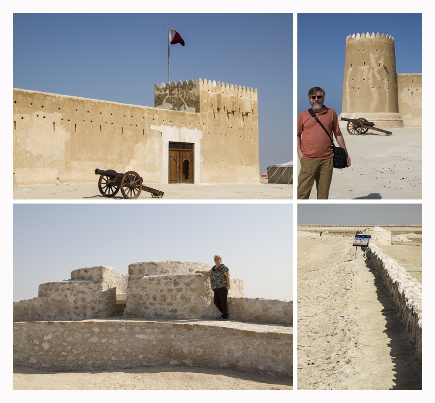 Four photos of Al Zubarah's castle and walls.