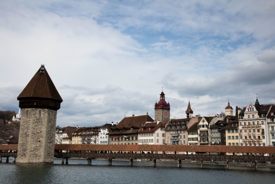 The water tower and the historic center on the Reuss River in Lucerne, Switzerland.