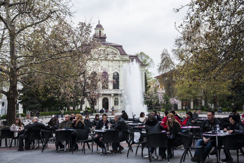 Outdoor cafe in Plovdiv during spring.
