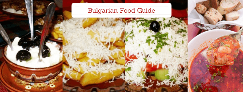 This photo of the Bulgarian Food Guide shows 4 photos of traditional dishes: yogurt, french fries with cheese, shopska salad, and bean soup.