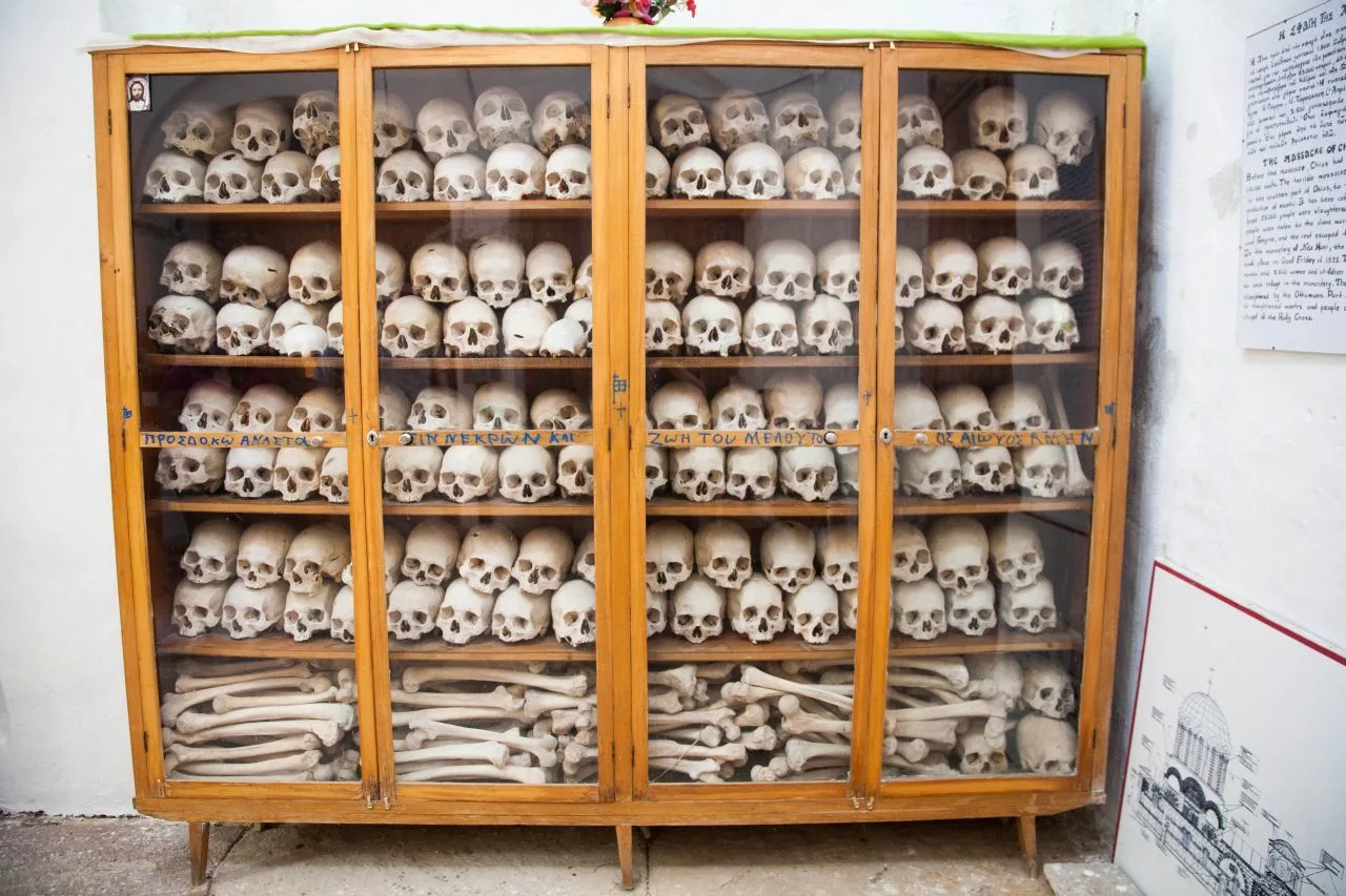 Bones and skulls in a cupboard in Nea Moni Monastery.