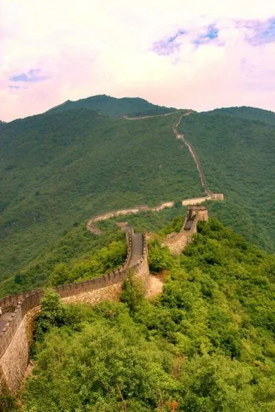 A long look uphill as the Great Wall winds up one mountain.