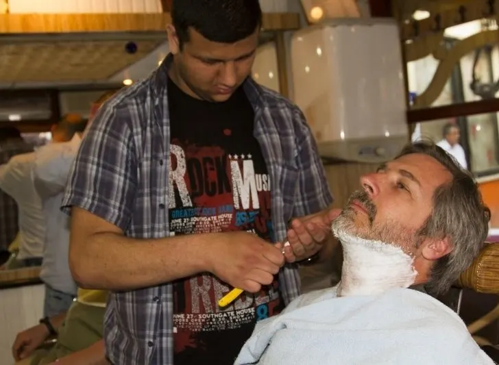 Lathered up and ready for a straight-edge shave in Turkey.