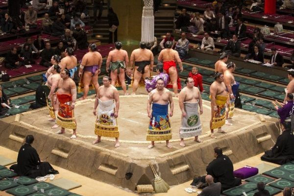 The Sumo competitors line the ring.