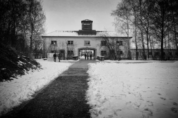 Entering Dachau Concentration Camp.