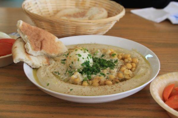 Hummus with chickpeas and hard boiled egg.