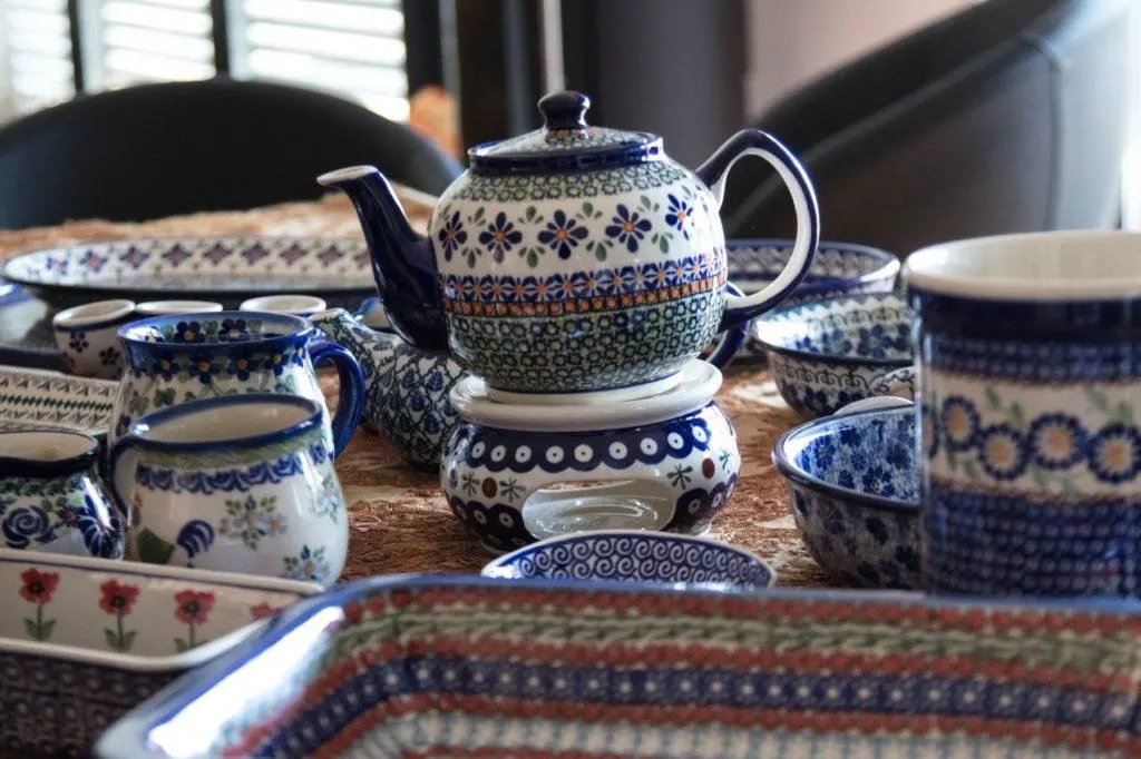 Various pieces of hand painted Polish Pottery ceramics.