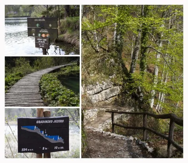 Different views of Plitvice Lakes walking path.