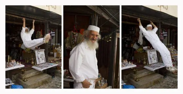 Old shop keeper showing his moves in Mostar.