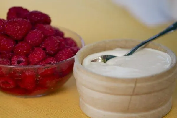 A delicious dessert of Gruyeres cream and raspberries.