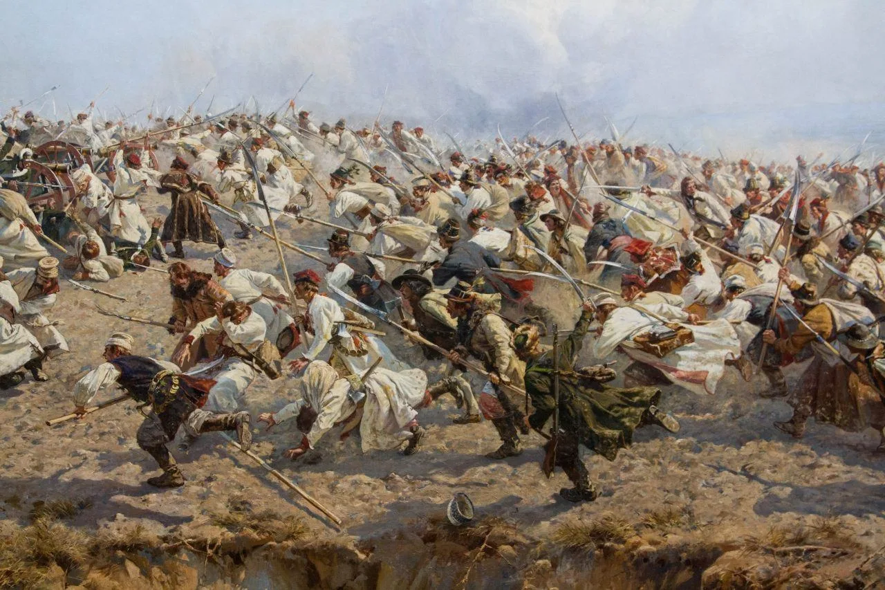 A painting of a battle that can be found in the Panorama Raclawice.