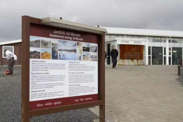 Informational sign about the Myvatn hot spring baths.