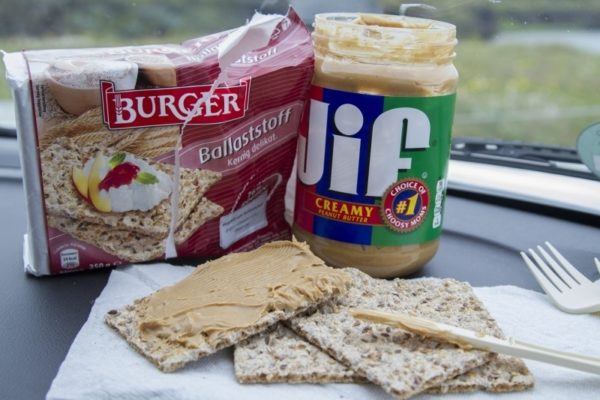 Peanut butter and Icelandic crackers make up part of a budget snack on the road in Iceland.