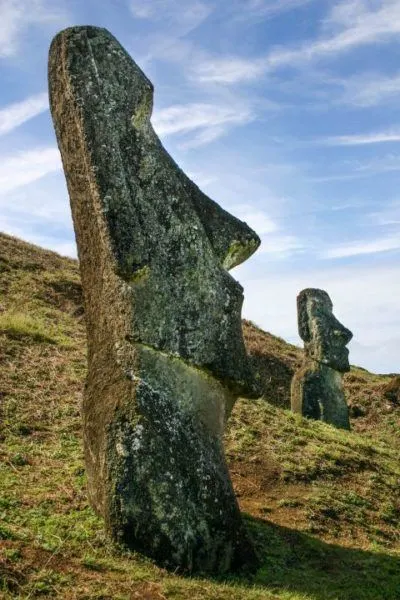 Moai heads on the slopes of a dormant volcano in Easter Island World Heritage Site.
