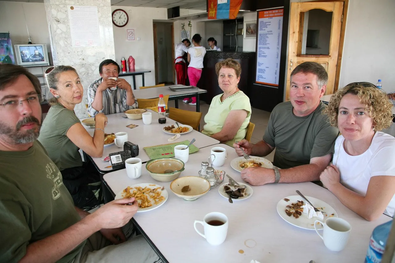 Our first restaurant on our Mongolian steppe adventure. We are all eating "meat noodle."