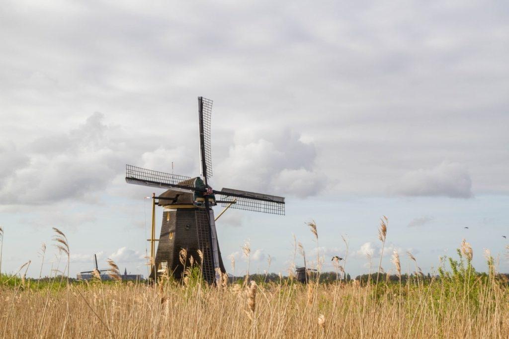 Lone Dutch windmill in Kinderdijk, Netherlands.