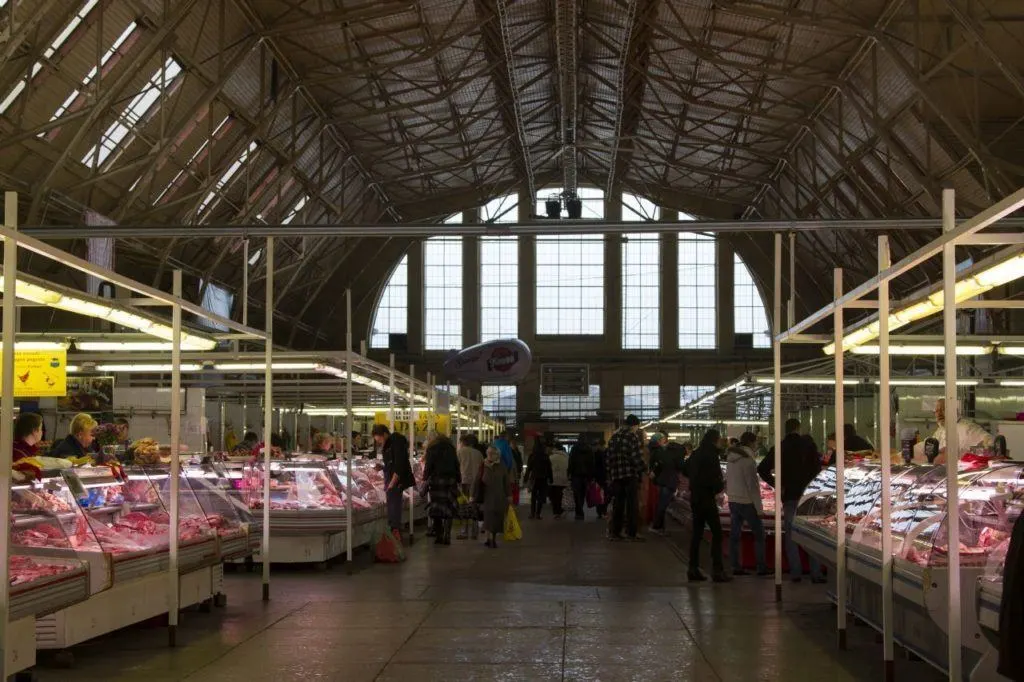 Interior view of the Riga market hall's meat section.