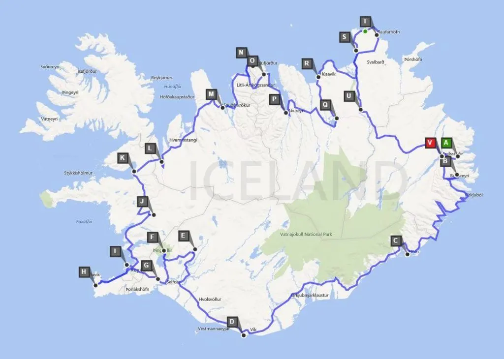 Iceland driving route for a one week road trip around the island.