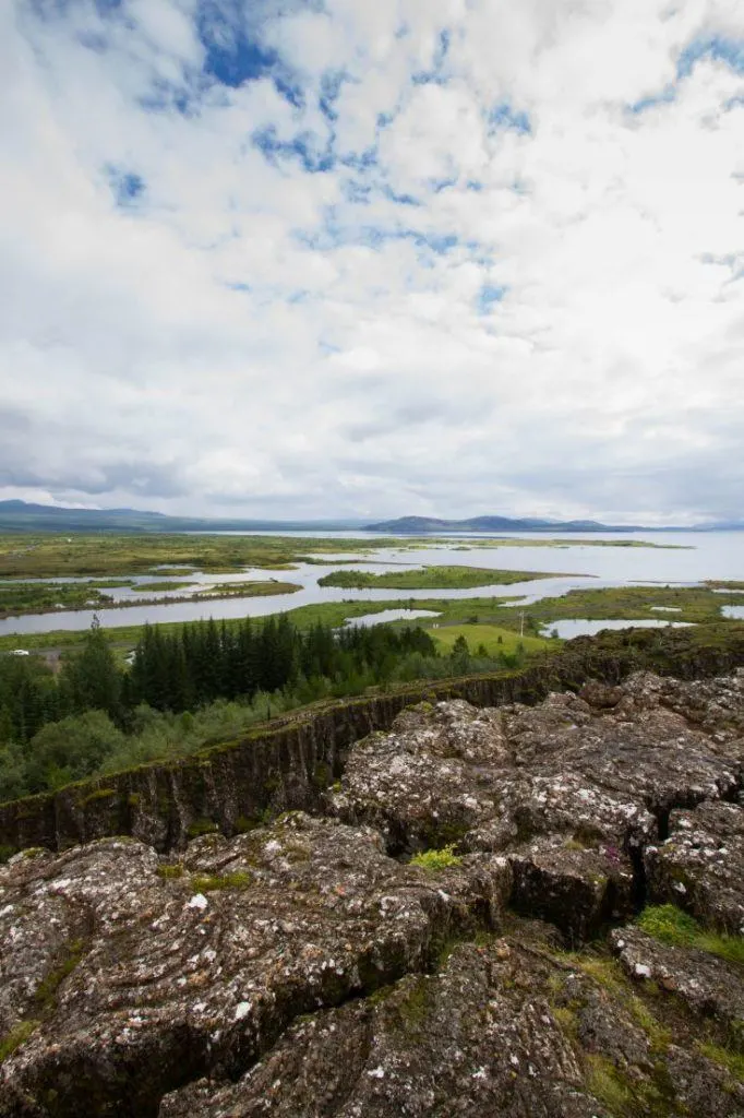 Looking out to the water over the continental rift at Thingvellir, Iceland.