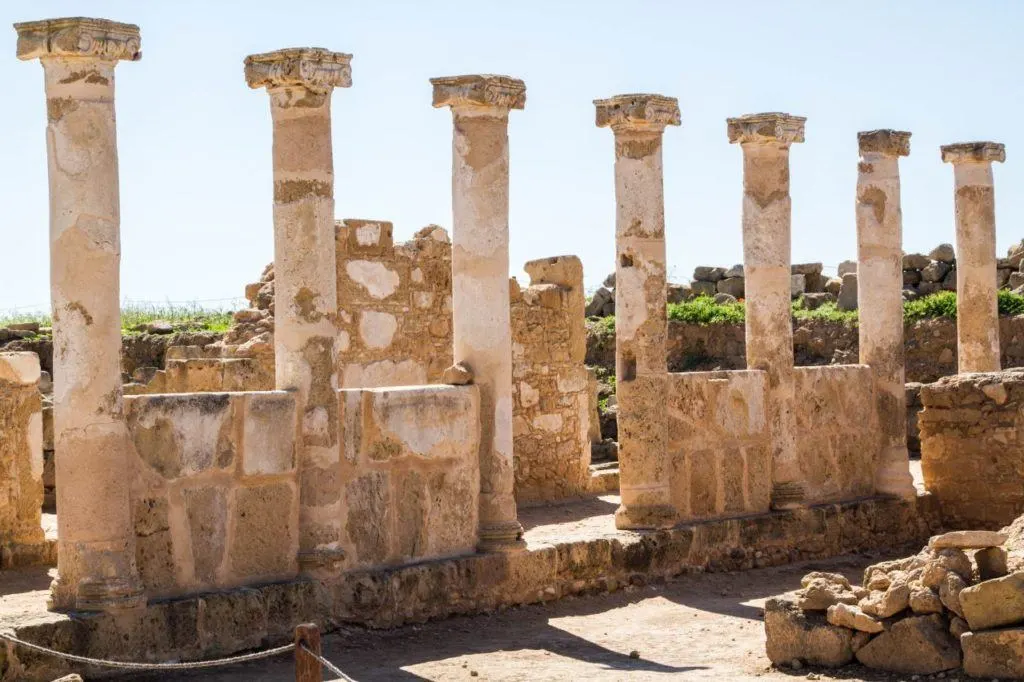 Reconstructed stone pillars standing in a row at Pafos.