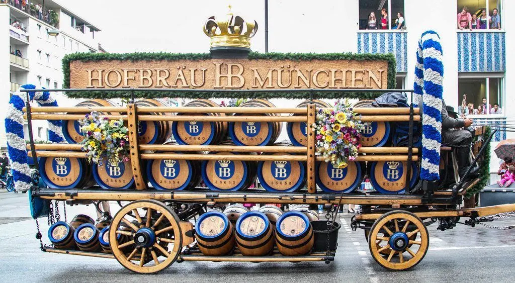 The Hofbrau Munchen float full of beer barrels goes by in the opening parade.