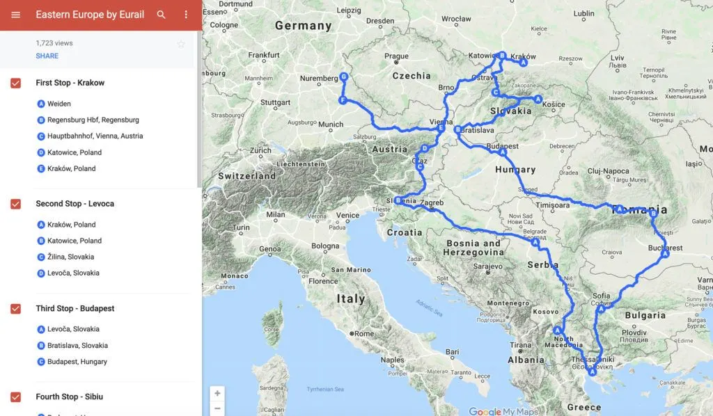 Map of Eastern Europe Itinerary and our train travel in Eastern Europe. 