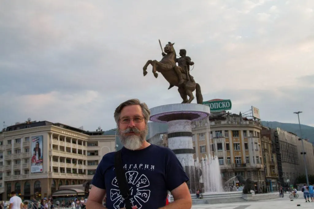 Jim standing in front of the Alexander the Great fountain in Skopje. 