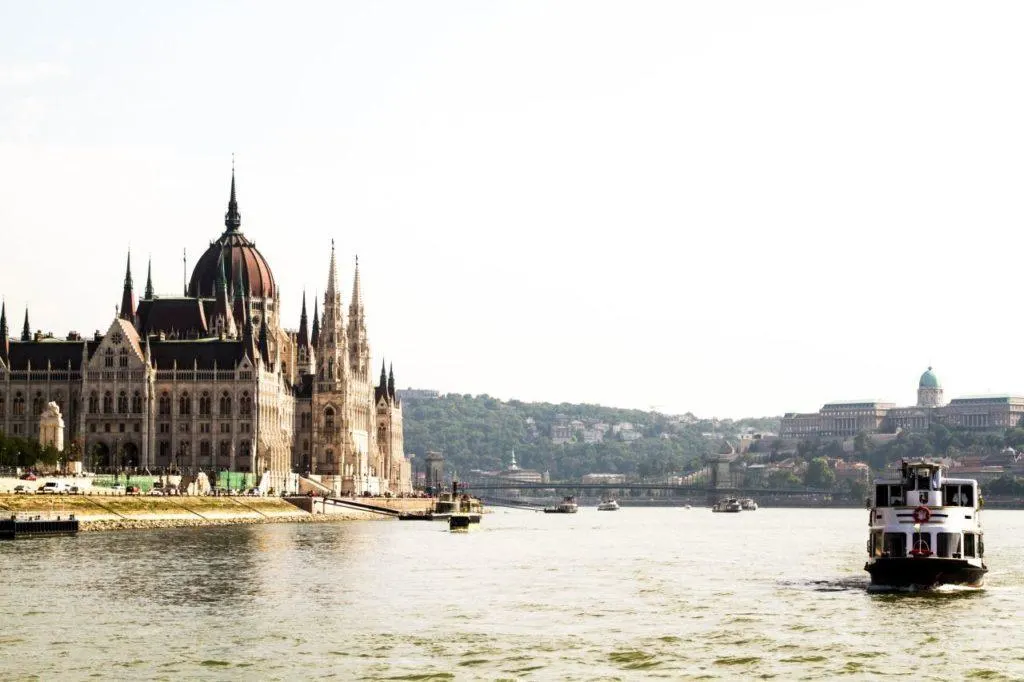 The Hungarian Parliament from the Danube in Budapest.