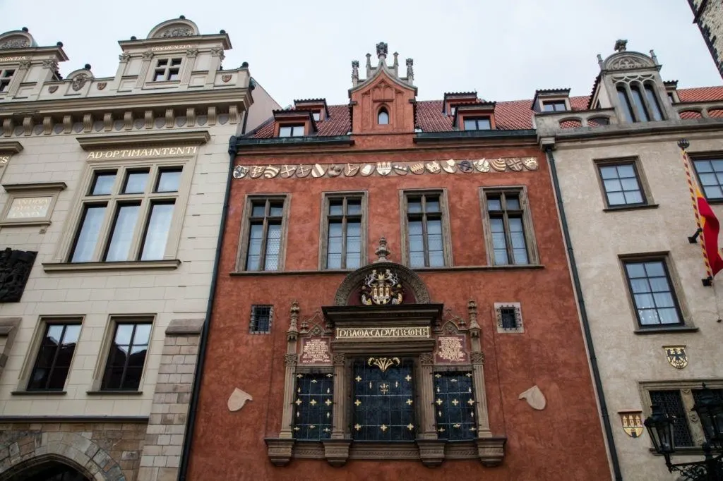 Beautiful facades on medieval buildings in Prague.