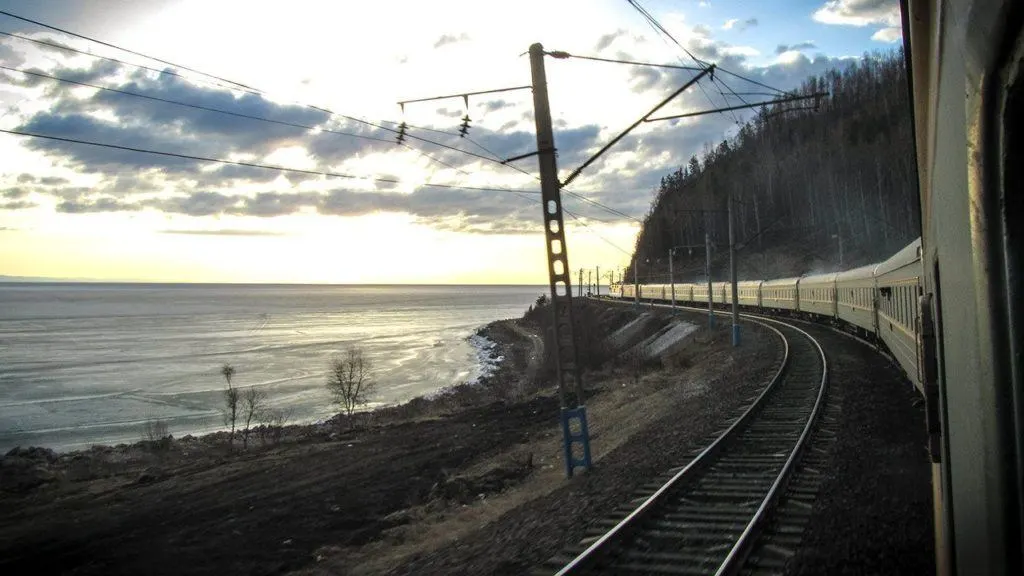 The Trans-Siberian railway on a curve in the tracks near Lake Baikal.