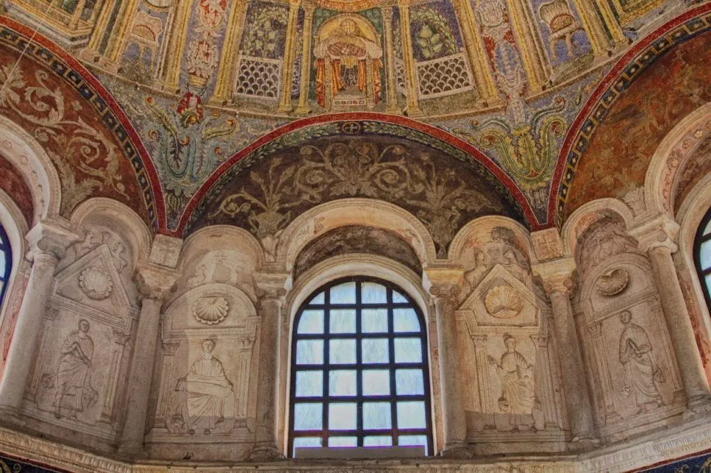 Byzantine mosaics adorn the walls and ceiling of the Basilica di San Vitale.