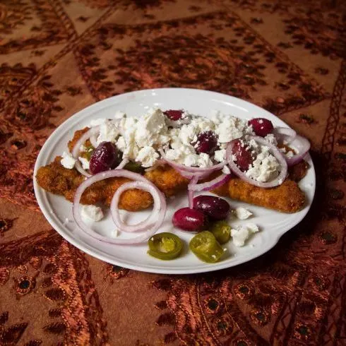 Greek schnitzel recipe card.