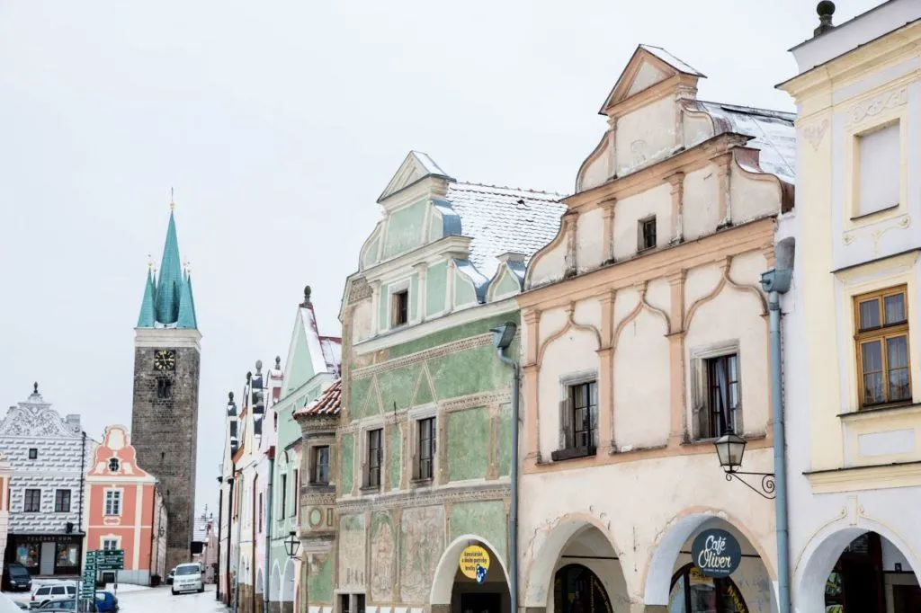 A light dusting of snow turns Telc historic center into a Baroque wonderland.