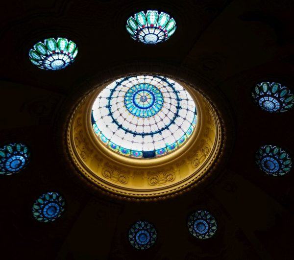 Beautiful stained glass dome skylights in the ceiling of Gellert Spa and baths.