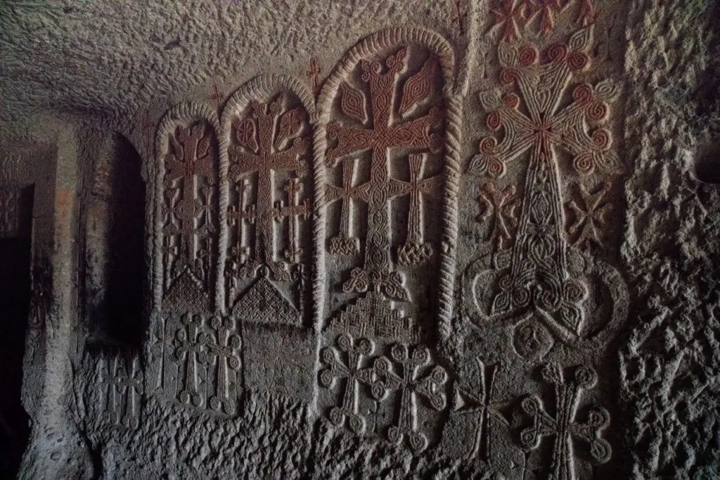Khachkars, Armenian crosses at Geghard Monastery.