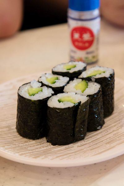 Six cucumber maki rolls, a great Japan food guide option if you don't eat fish. 