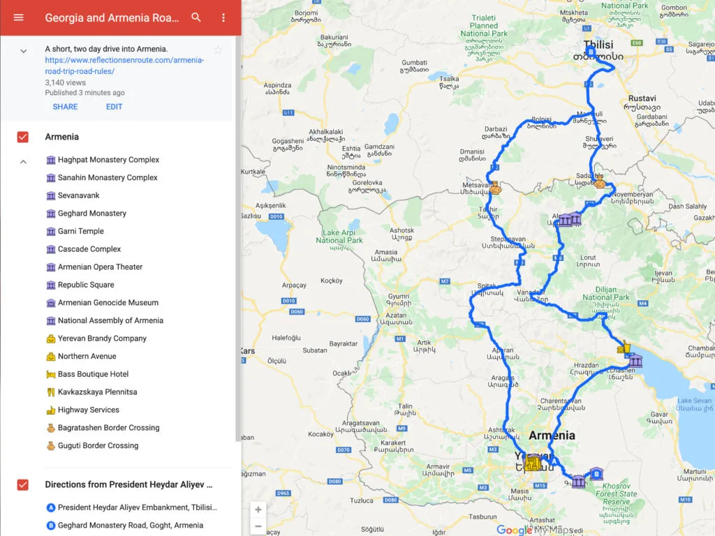 Armenia Road Trip Map