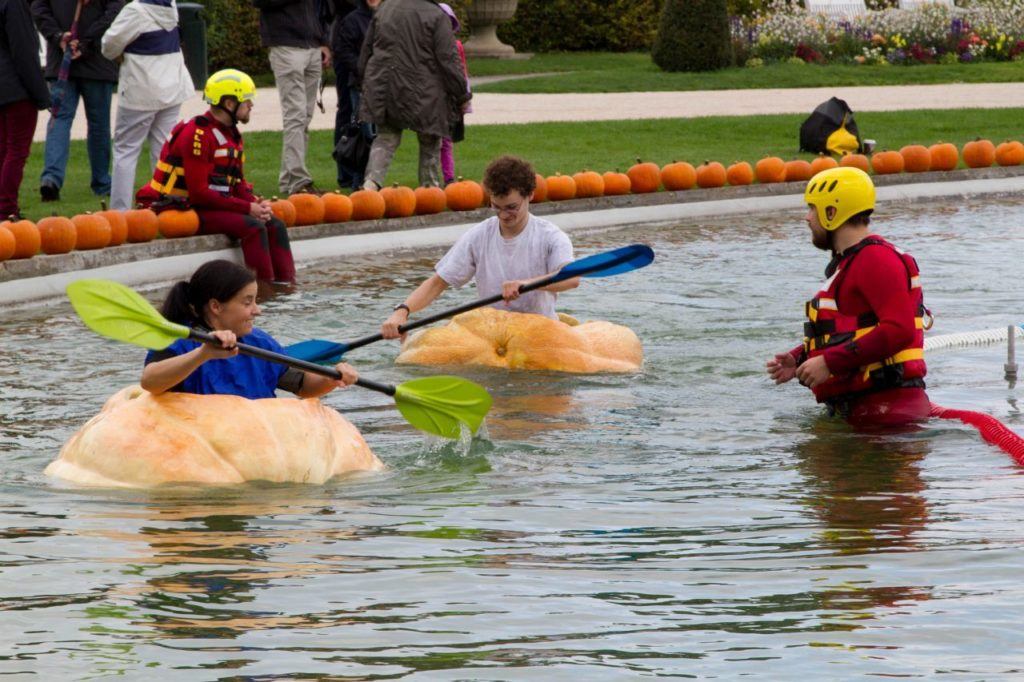 Kids racing in pumpkin boats at the Pumpkin Festival.