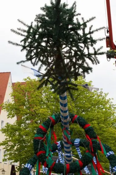 Colorful decorations on Weiden's Maypole.