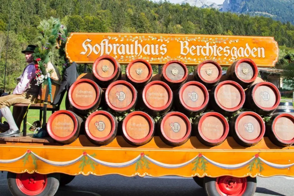 The horse and wagon pulls barrels of Hofbrau beer.