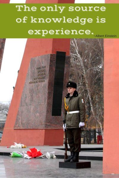 Soldier stands guard at the Eternity Memorial complex in Moldova.