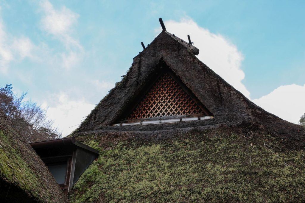 The temple has a traditional thatched roof.