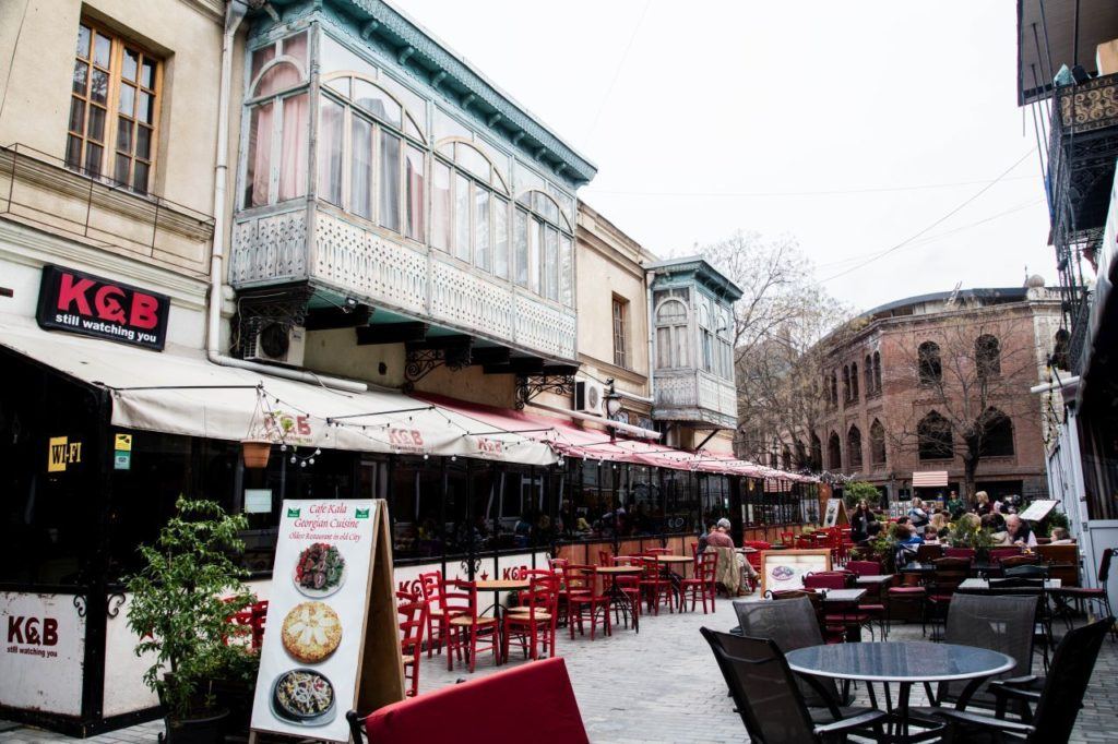 Outside cafes and beautiful balconies along Erekle II street in Tbilisi old town.