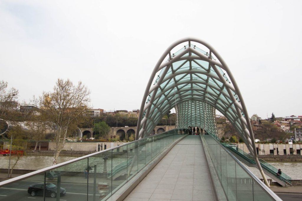 The entrance to the glass covered bridge of peace in Tbilisi.