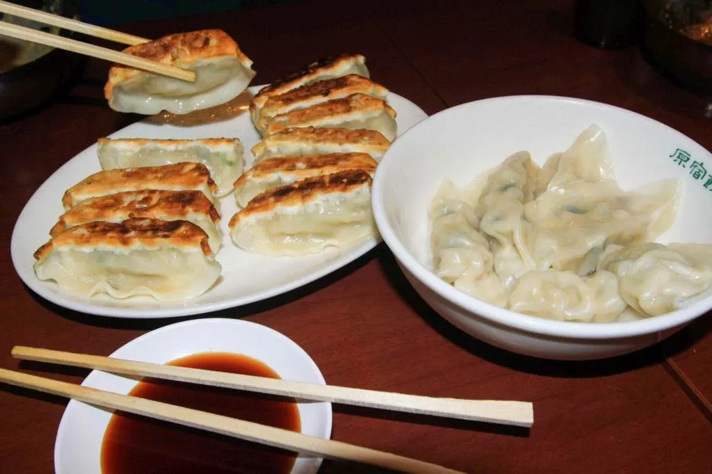 Japanese gyoza, fried and steamed.