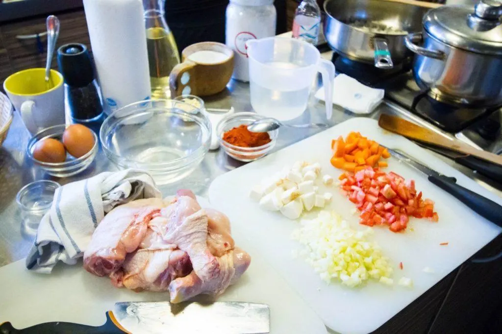 The mise en place ready for making chicken paprikash.
