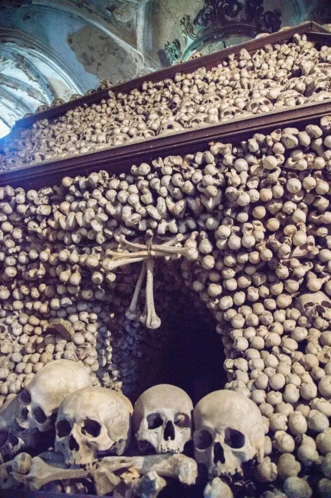 Hundreds of skulls and bones piled up in the Sedlec Bone Church.