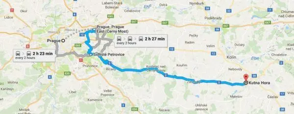 Google Map Prague to Kutna Hora.
