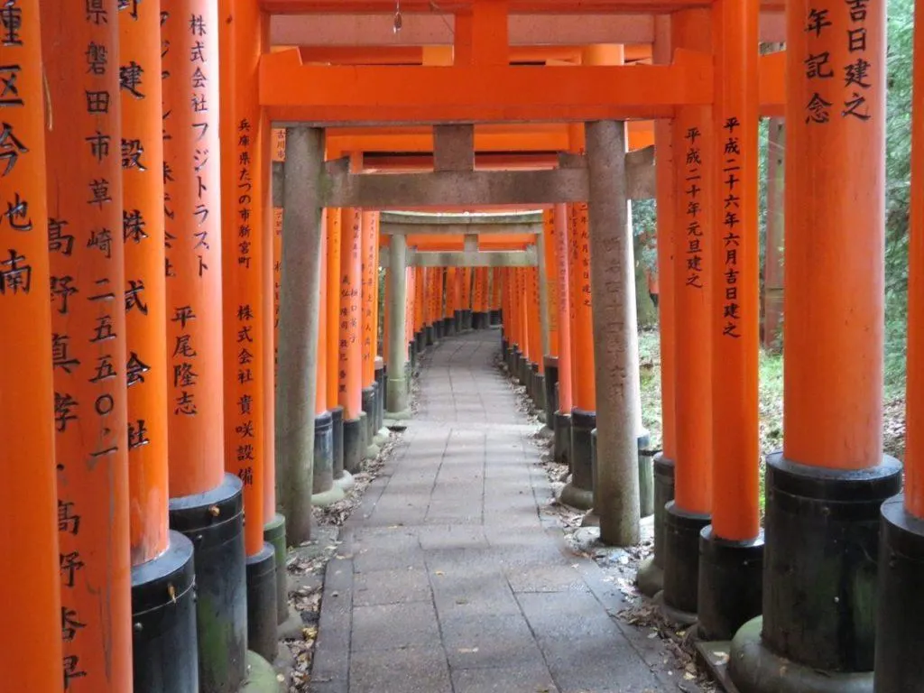 The path inside the famous thousand torii gates in Kyoto, Japan.