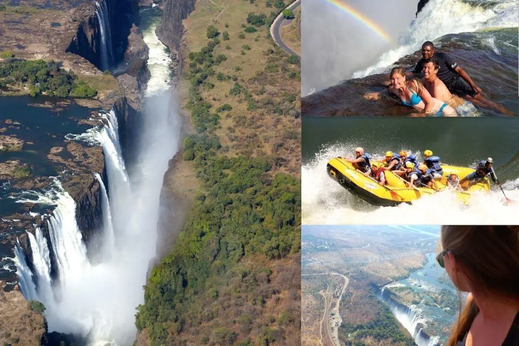 Victoria Falls aerial view, three swimmers at the edge of the falls, a raft takes the rapids, and a another view of the falls from an airplane window.